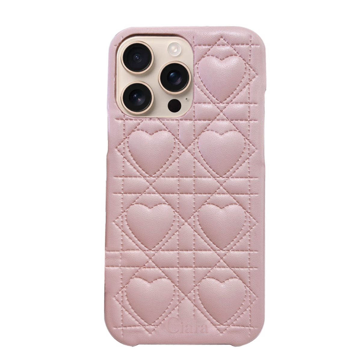 iPhone16Pro ハートキルティングPU レザーケース ロゴ ピンク