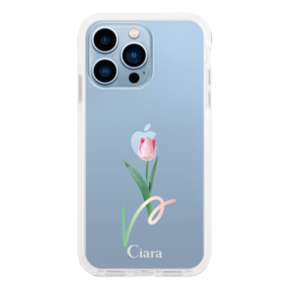 iPhone13ProMax クッションバンパー 耐衝撃クリアケース チューリップ ピンク