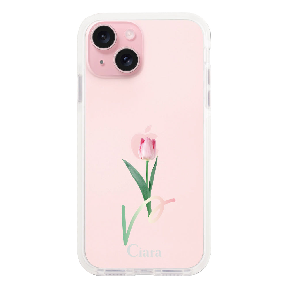 iPhone15 クッションバンパー 耐衝撃クリアケース チューリップ ピンク