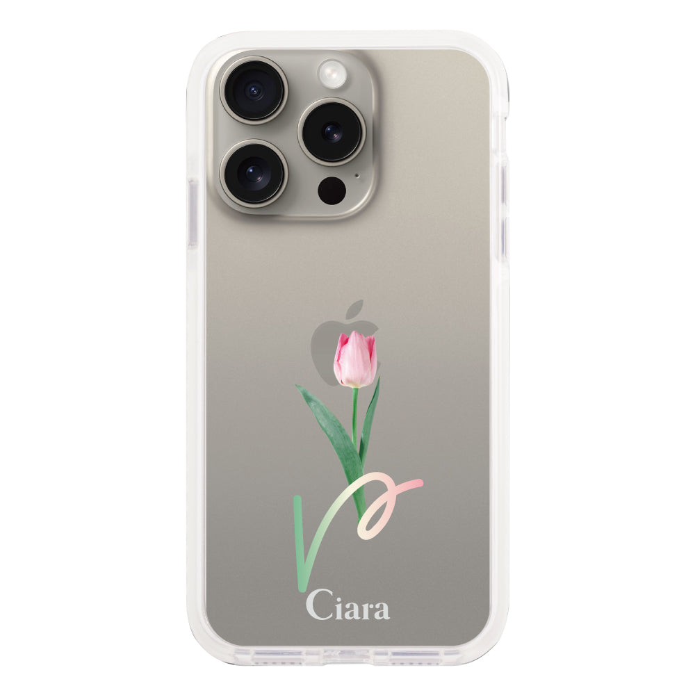 iPhone15Pro クッションバンパー 耐衝撃クリアケース チューリップ ピンク