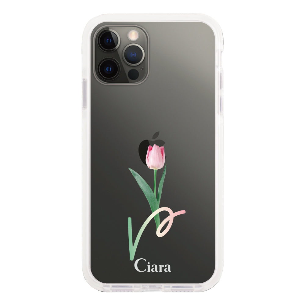iPhoneX/XS クッションバンパー 耐衝撃クリアケース チューリップ ピンク