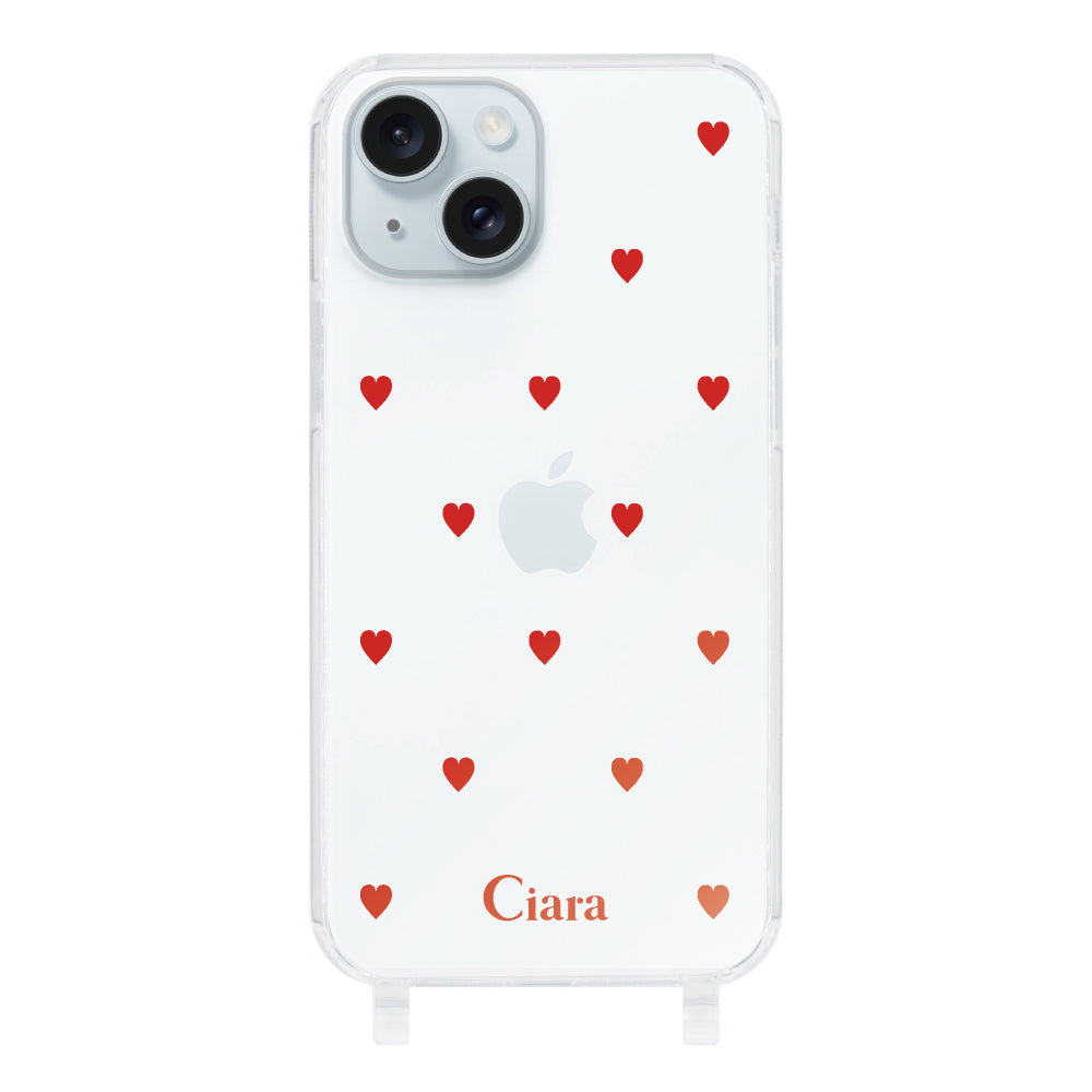 iPhone15Plusケース ストラップクリアケース カラーハート レッド