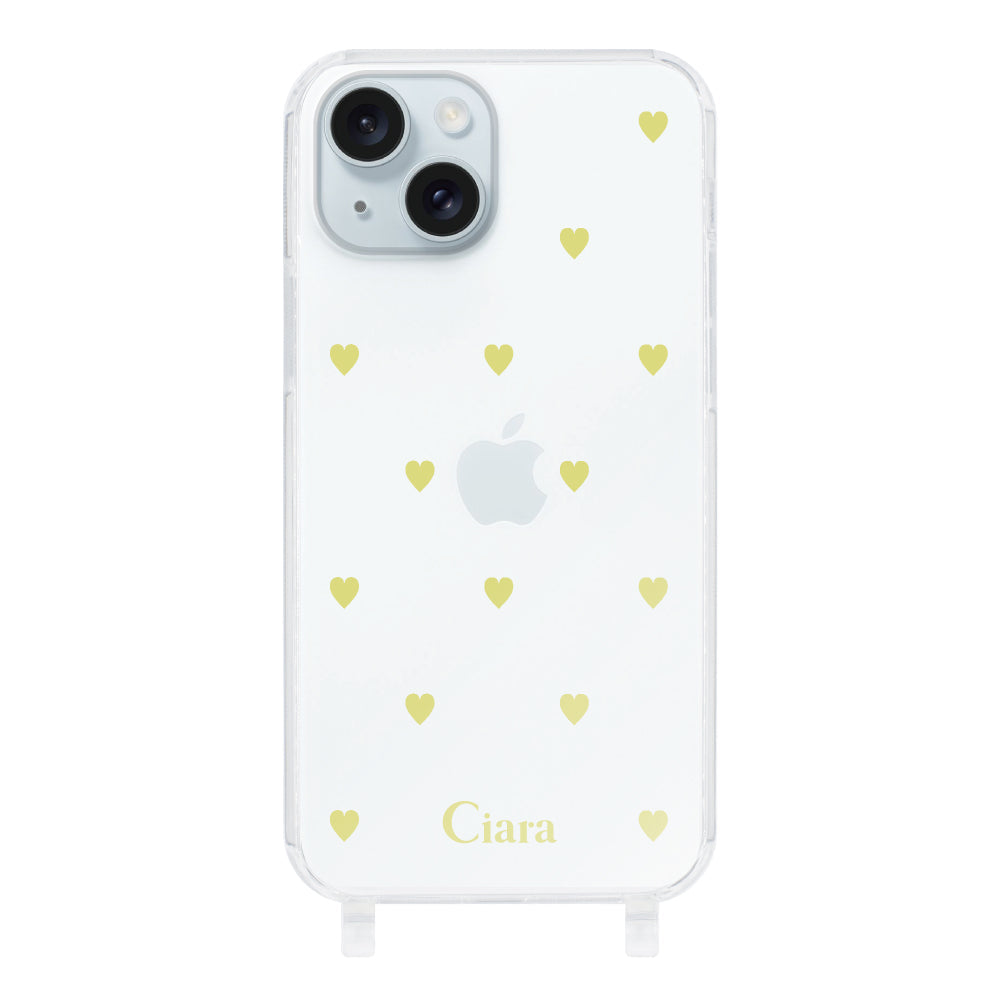 iPhone15Plusケース ストラップクリアケース カラーハート イエロー