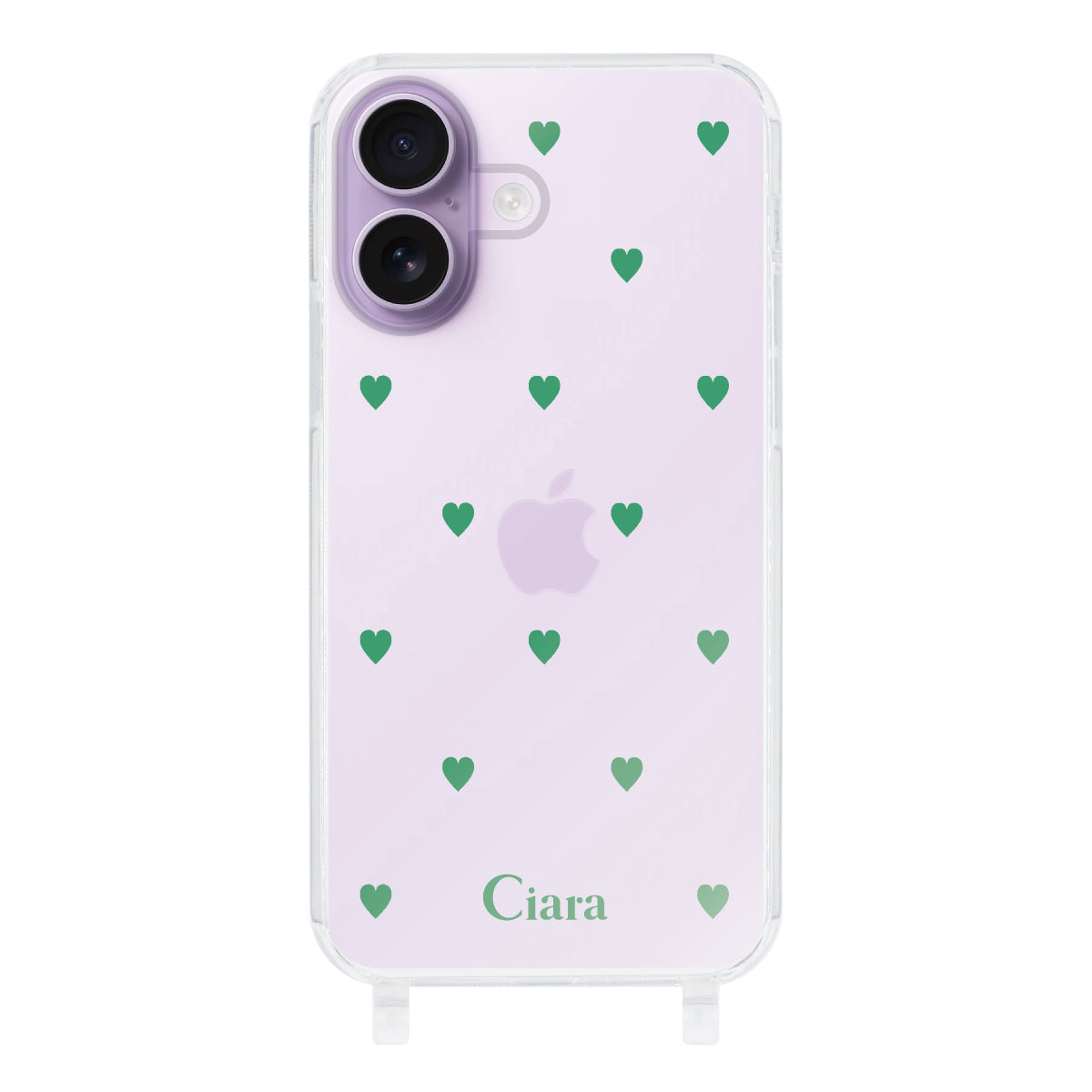 iPhone17 ストラップクリアケース カラーハート グリーン