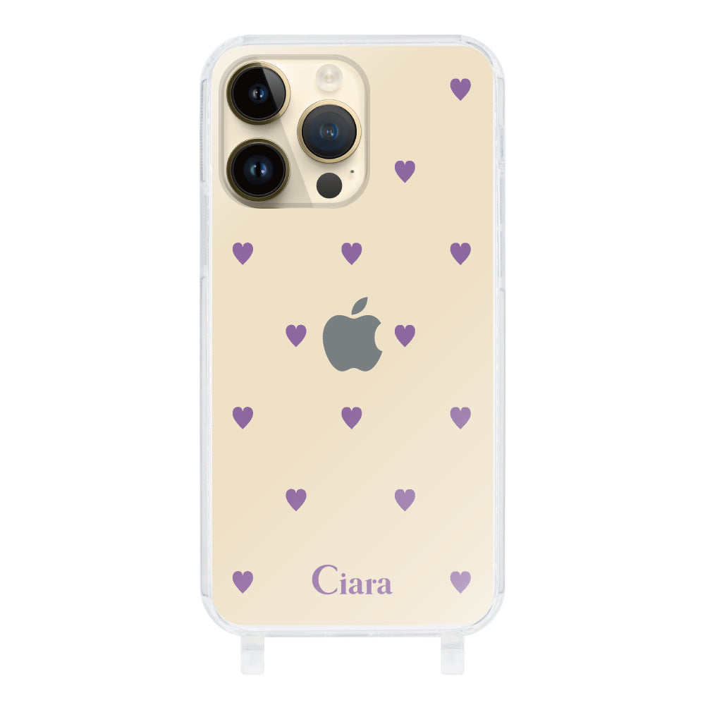iPhone14Proケース ストラップクリアケース カラーハート パープル