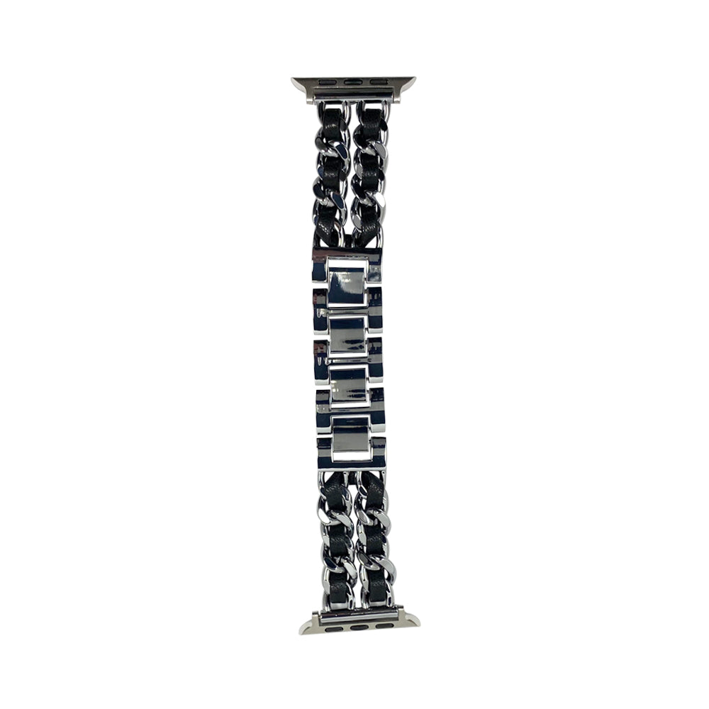 42mm/44mm/45mm 2連チェーンPUレザーアップルウォッチバンド ブラック/シルバー