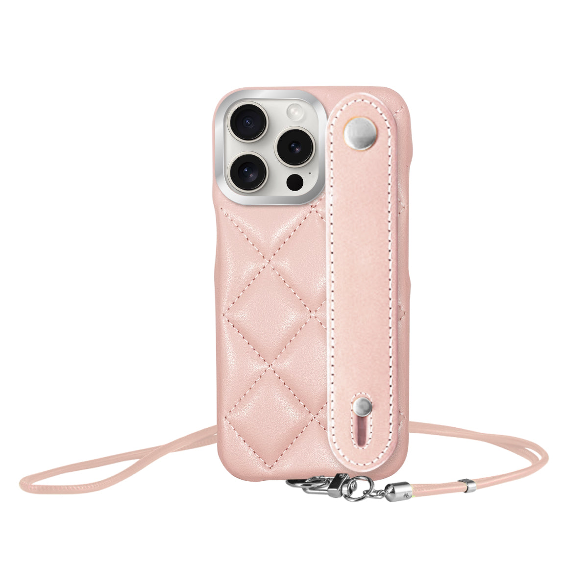 iPhone15ProMax バンドキルティングPUレザーストラップ プティ ピンク/シルバー