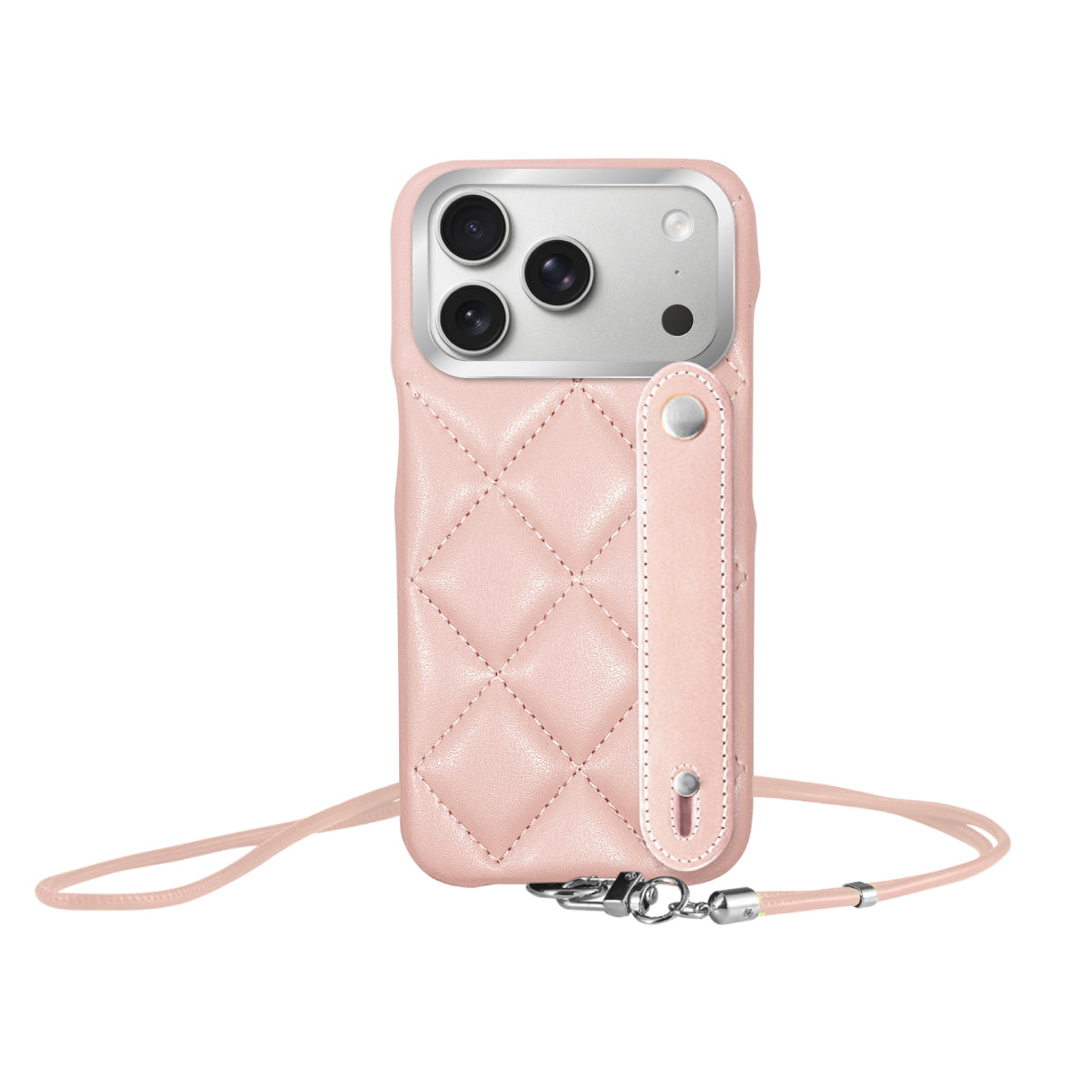 iPhone17Pro バンドキルティングPUレザーストラップ プティ ピンク/シルバー