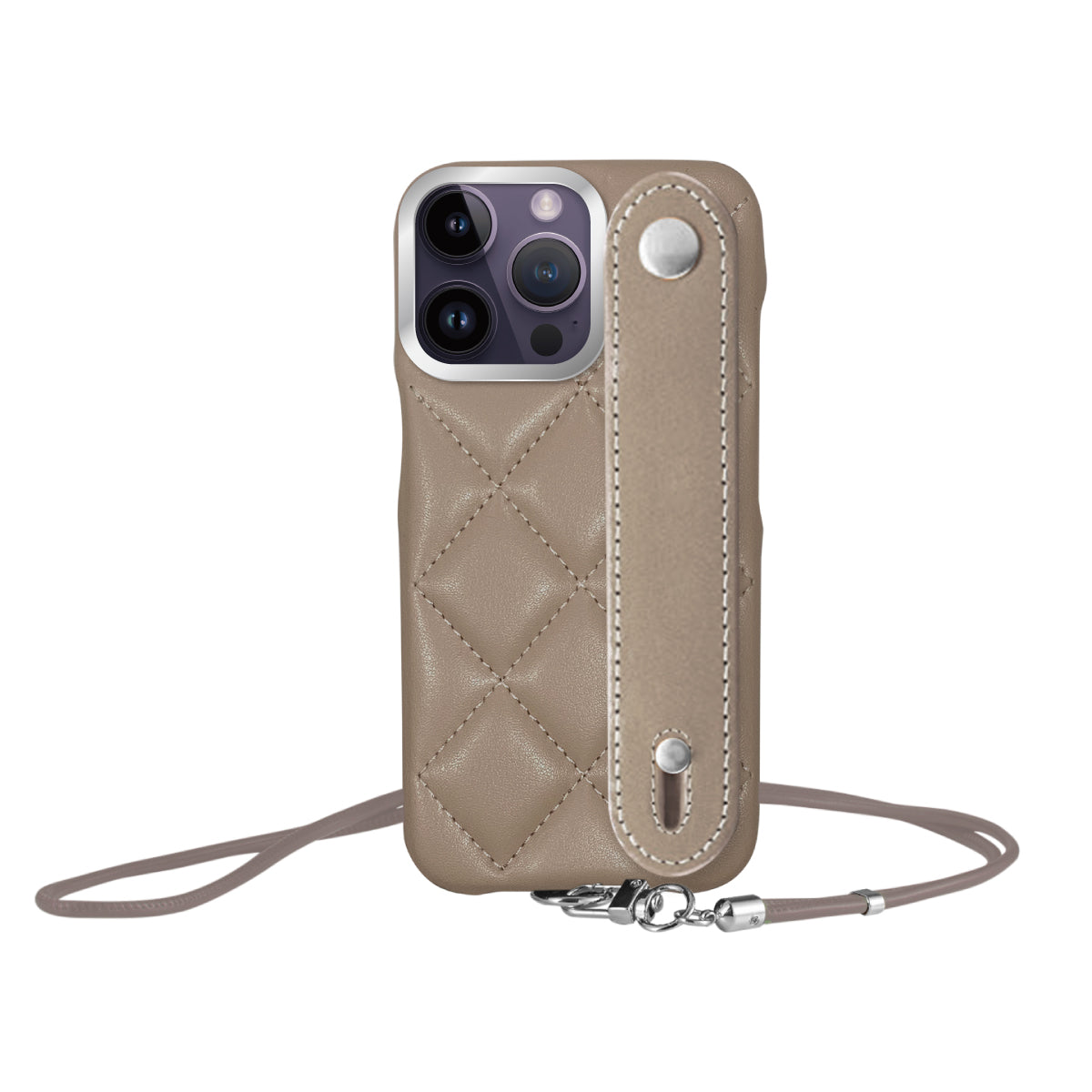 iPhone14ProMax バンドキルティングPUレザーストラップ プティ ベージュ/シルバー