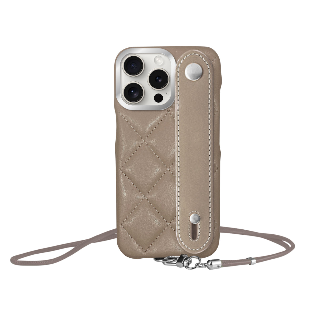 iPhone15ProMax バンドキルティングPUレザーストラップ プティ ベージュ/シルバー