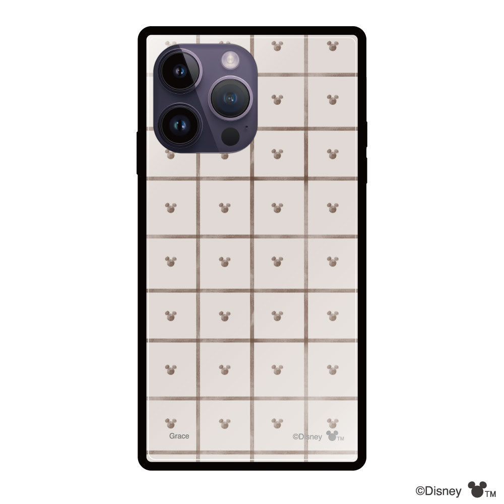 iPhone14ProMaxケース スクエア 強化ガラスケース スクエアパターンミッキーマウス ベージュ