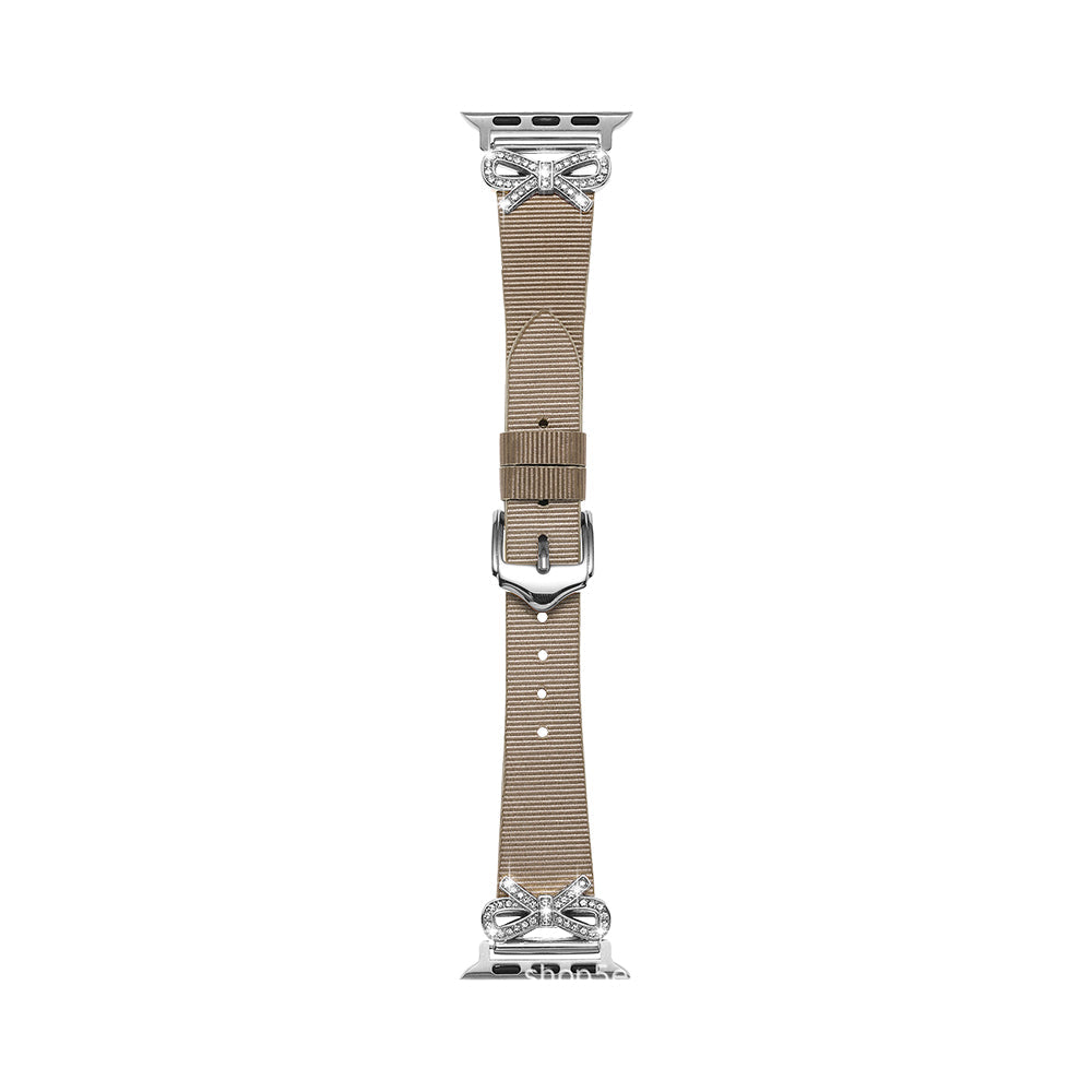 42mm/44mm/45mm/46mm/49mm リボンビジューレザーアップルウォッチバンド ブラウン/シルバー