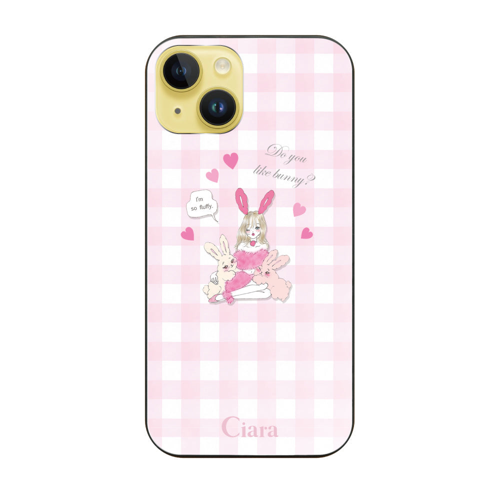 iPhone14Plus ガラス 強化ガラスケース バニーガール ピンクチェック