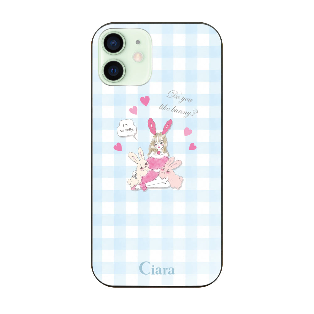 iPhone12mini ガラス 強化ガラスケース バニーガール ブルーチェック