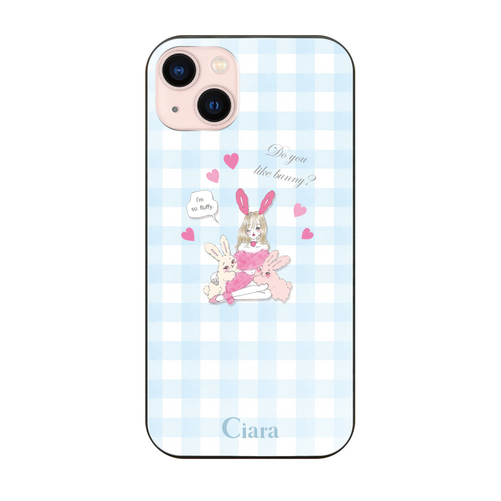 iPhone13 ガラス 強化ガラスケース バニーガール ブルーチェック