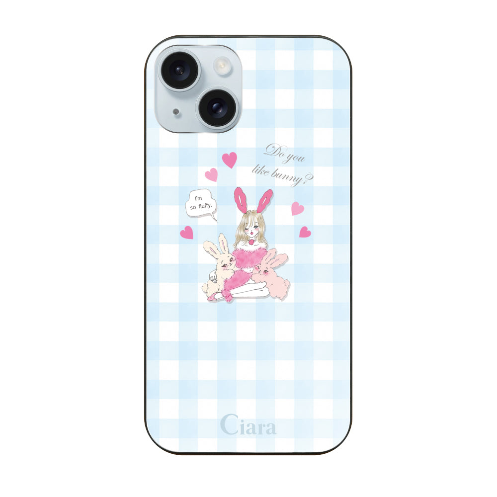 iPhone15Plus ガラス 強化ガラスケース バニーガール ブルーチェック