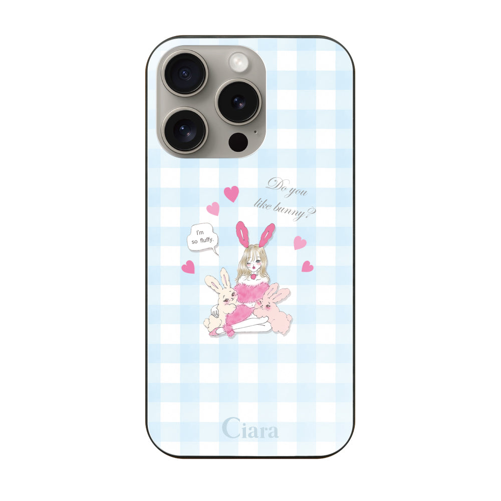iPhone15Pro ガラス 強化ガラスケース バニーガール ブルーチェック