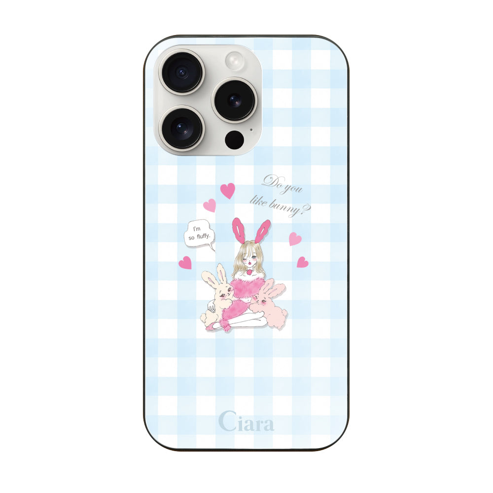 iPhone15ProMax ガラス 強化ガラスケース バニーガール ブルーチェック