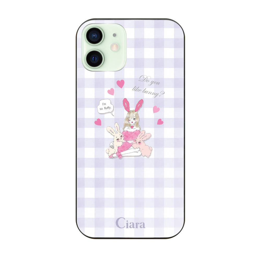 iPhone12mini ガラス 強化ガラスケース バニーガール パープルチェック