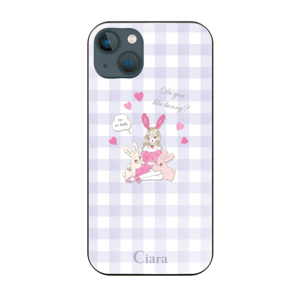 iPhone13mini ガラス 強化ガラスケース バニーガール パープルチェック