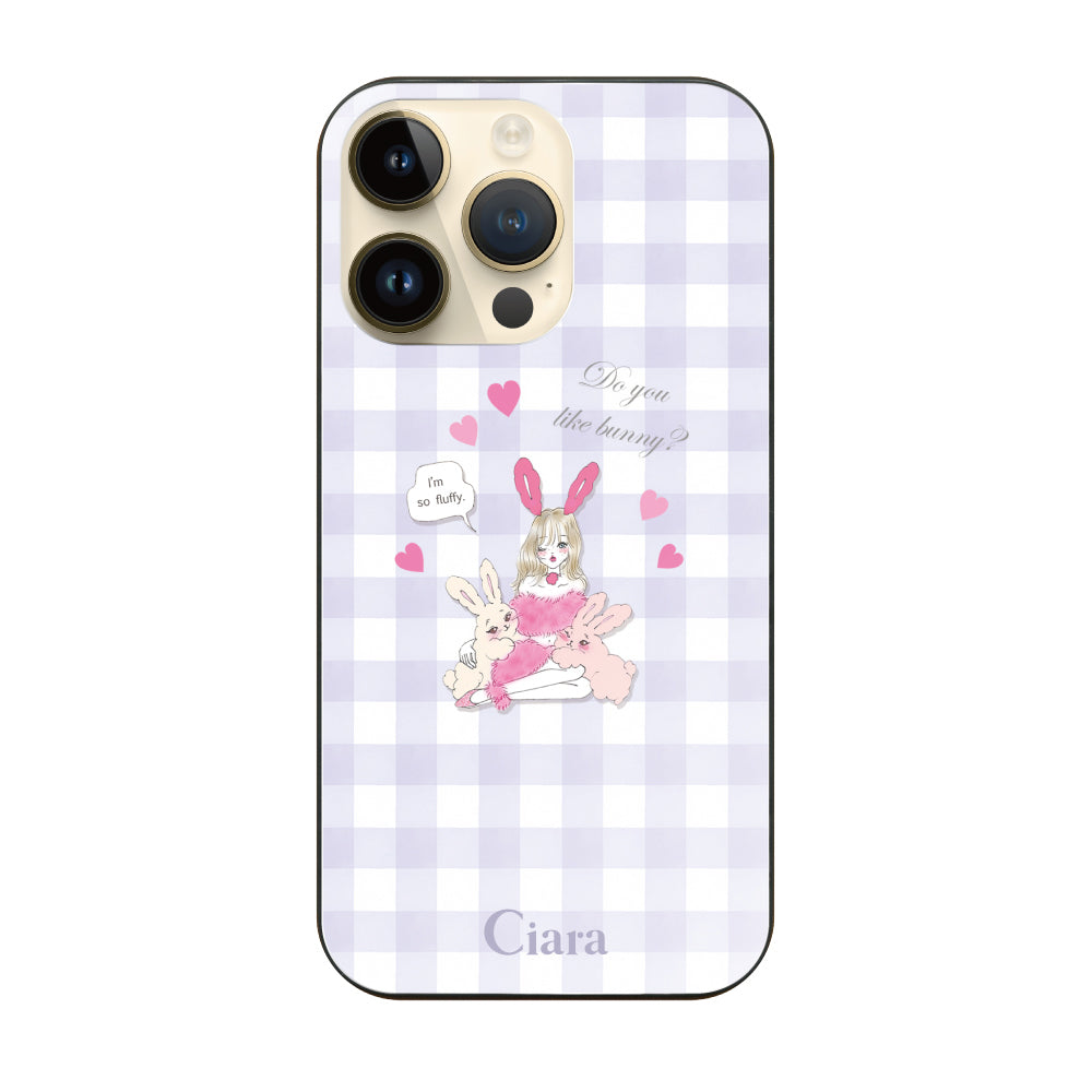 iPhone14Pro ガラス 強化ガラスケース バニーガール パープルチェック