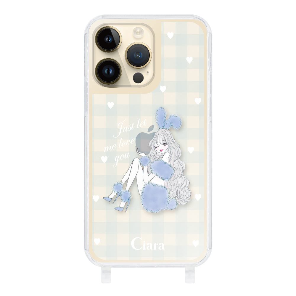 iPhone14Pro ストラップクリアケース ブルーバニー ブルーチェック