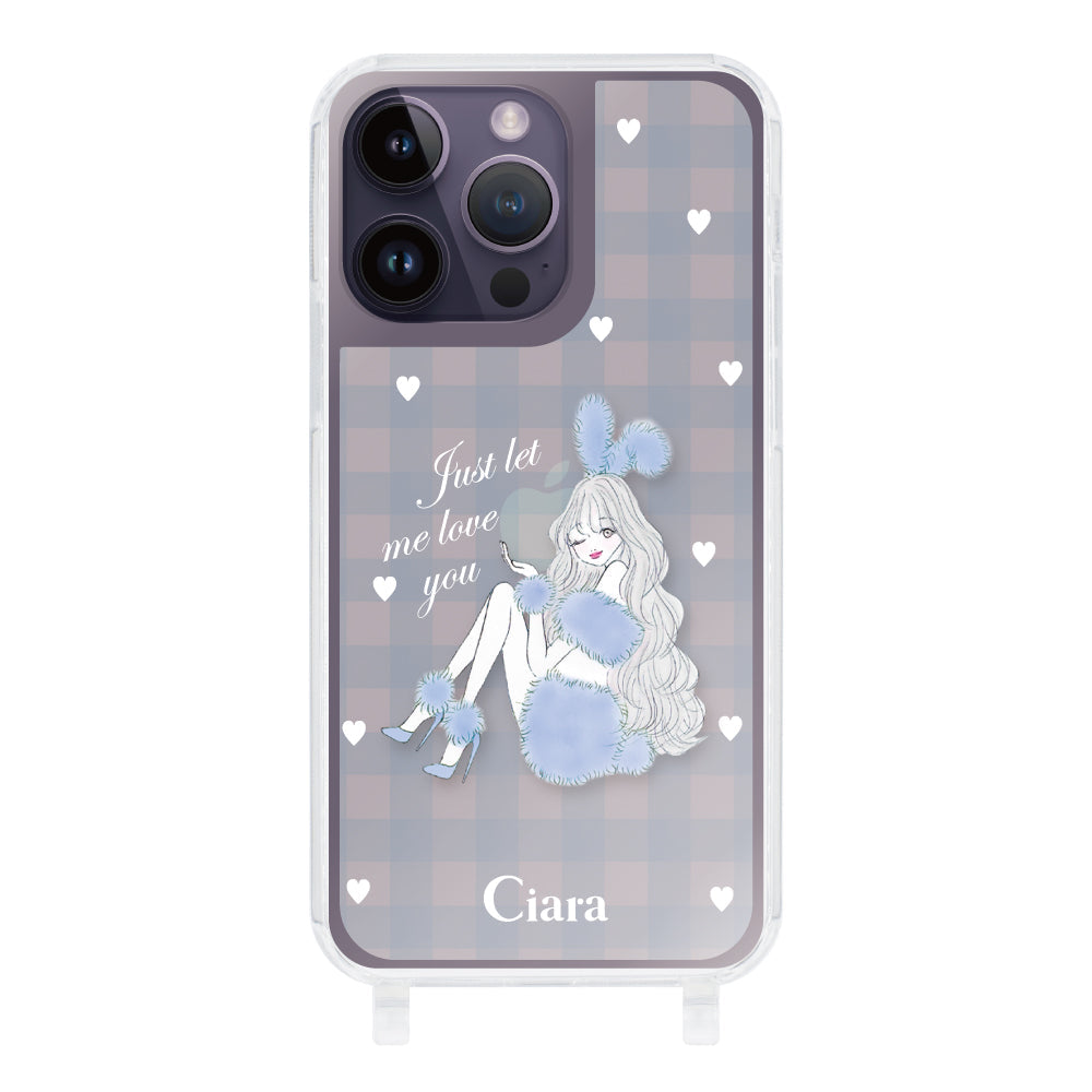 iPhone14ProMax ストラップクリアケース ブルーバニー ブルーチェック