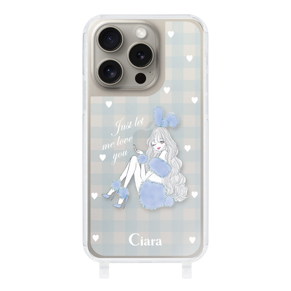 iPhone15Pro ストラップクリアケース ブルーバニー ブルーチェック