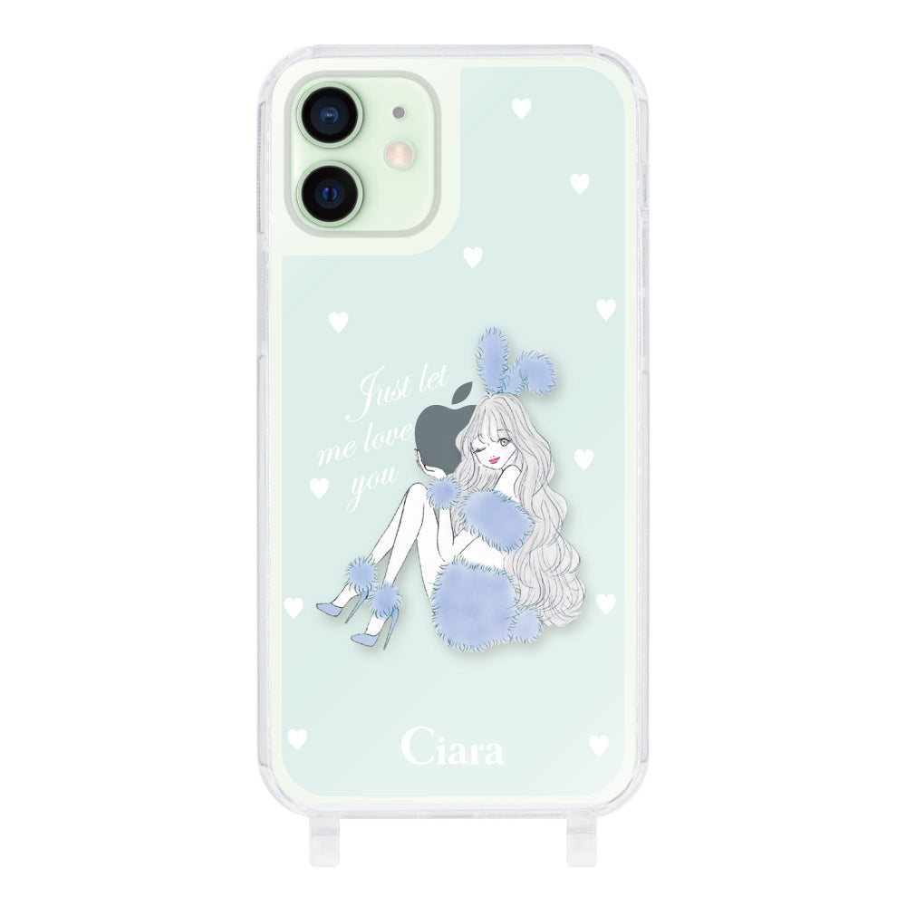 iPhone12mini ストラップクリアケース ブルーバニー ブルー