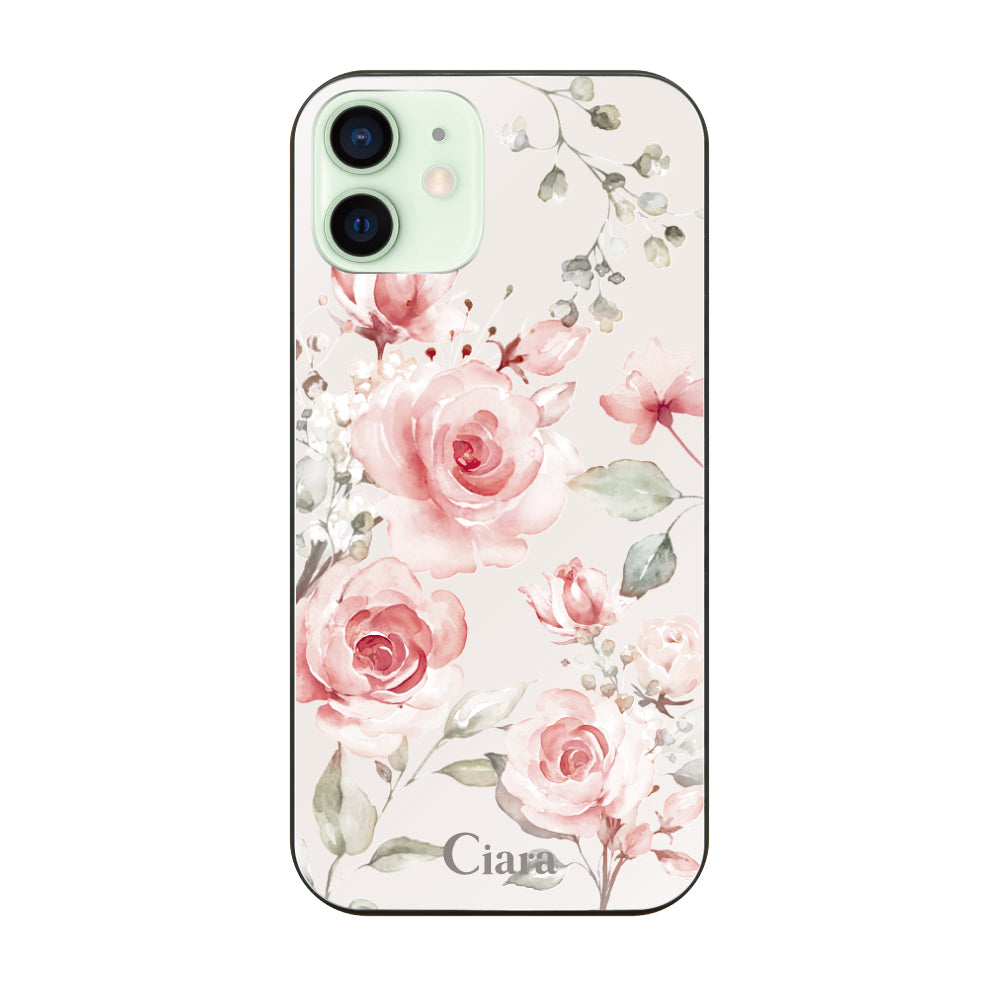 iPhone12mini ガラス 強化ガラスケース スプリンクルフラワー ピンク