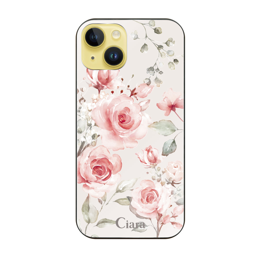 iPhone14Plus ガラス 強化ガラスケース スプリンクルフラワー ピンク
