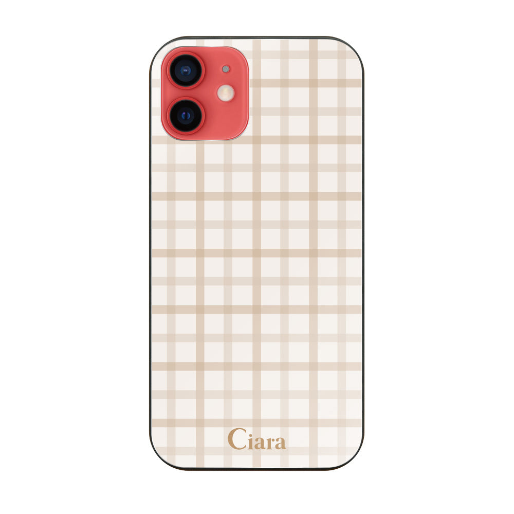iPhone11 ガラス 強化ガラスケース ブロックチェック ベージュ