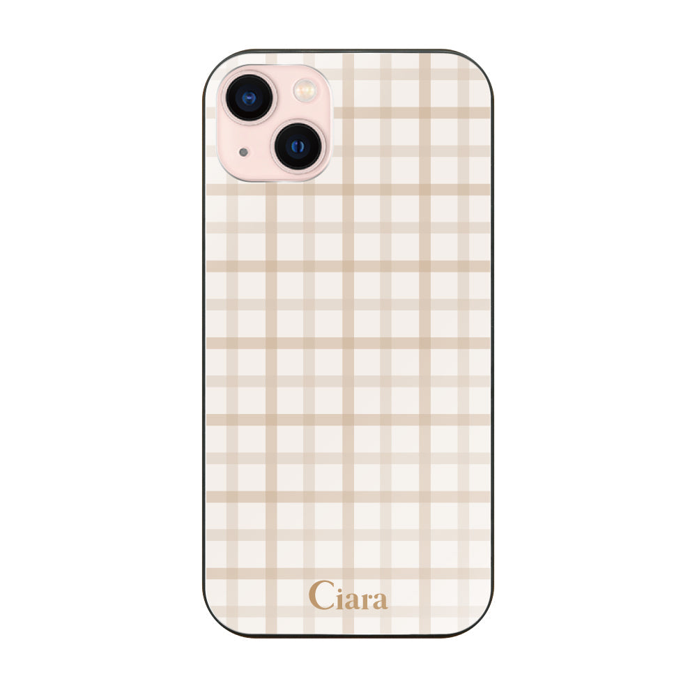 iPhone13 ガラス 強化ガラスケース ブロックチェック ベージュ