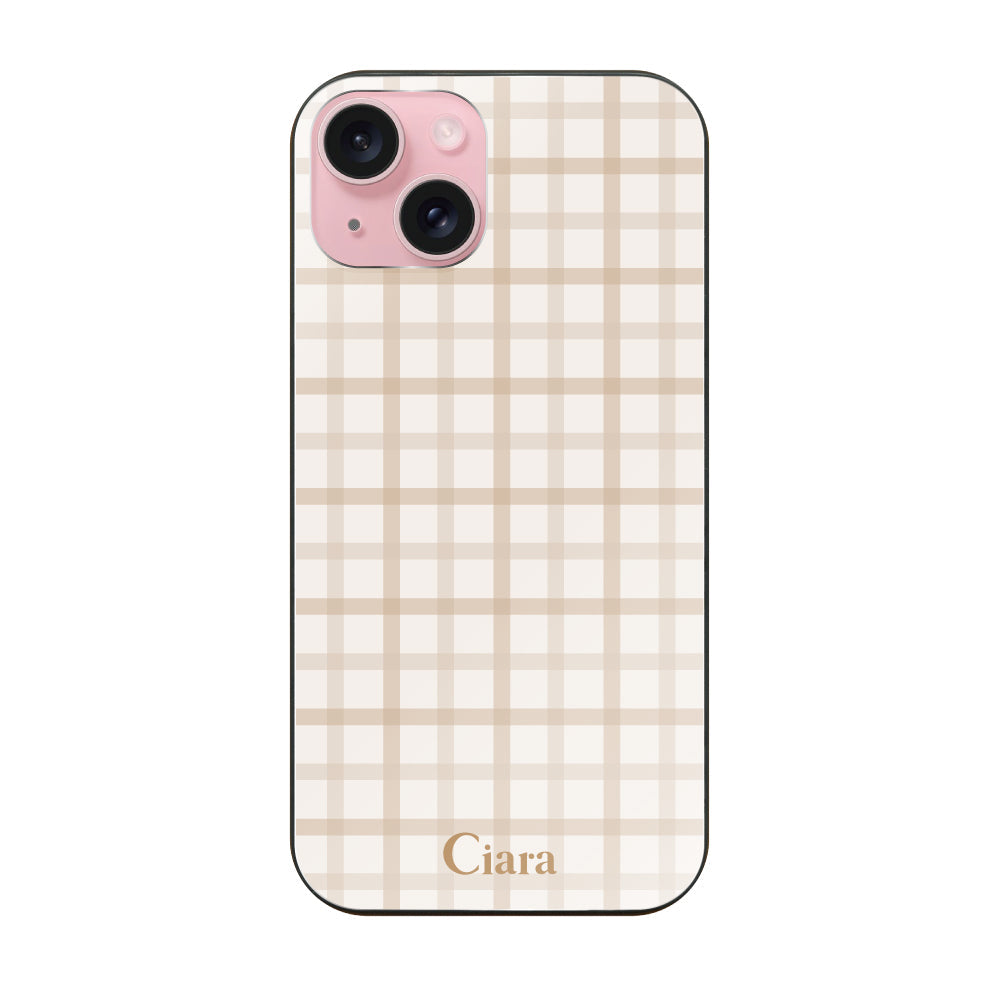 iPhone15 ガラス 強化ガラスケース ブロックチェック ベージュ