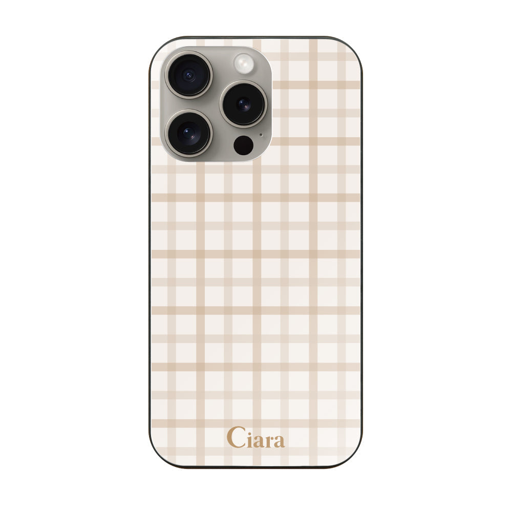 iPhone15Pro ガラス 強化ガラスケース ブロックチェック ベージュ