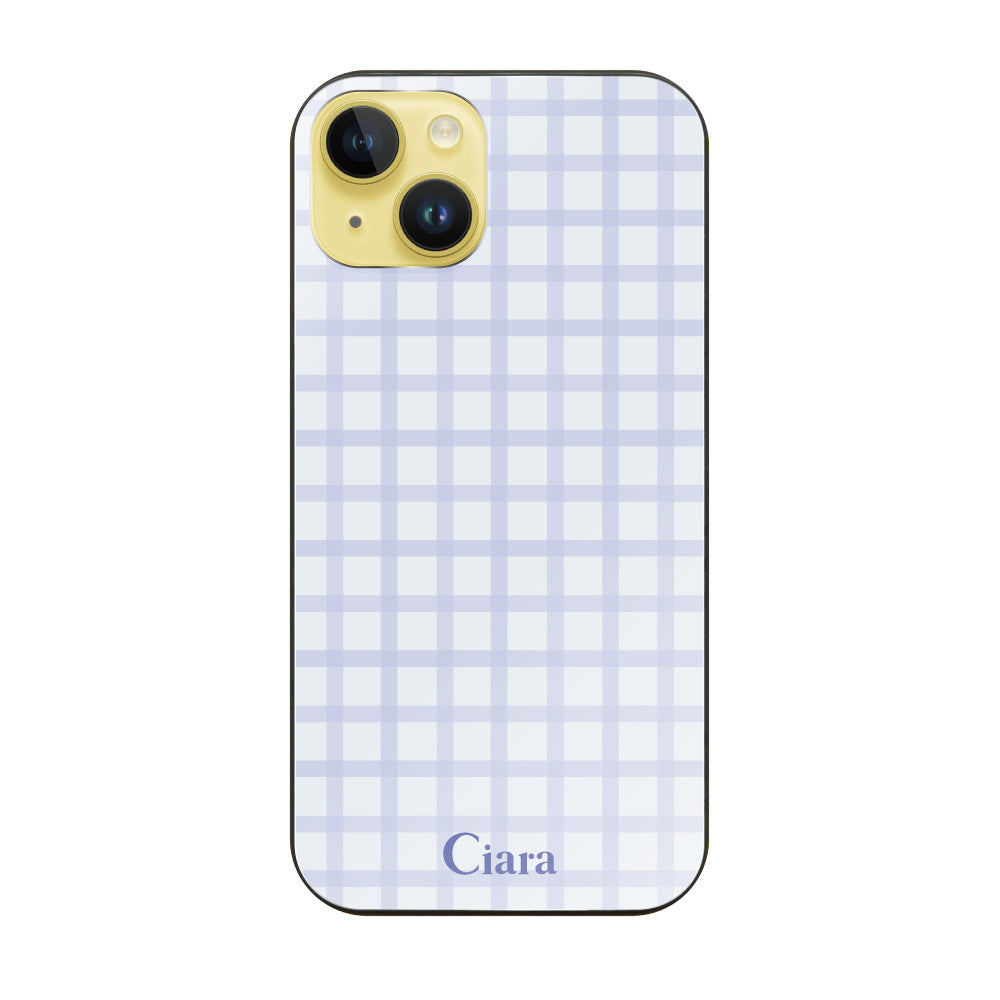 iPhone14Plus ガラス 強化ガラスケース ブロックチェック ブルー