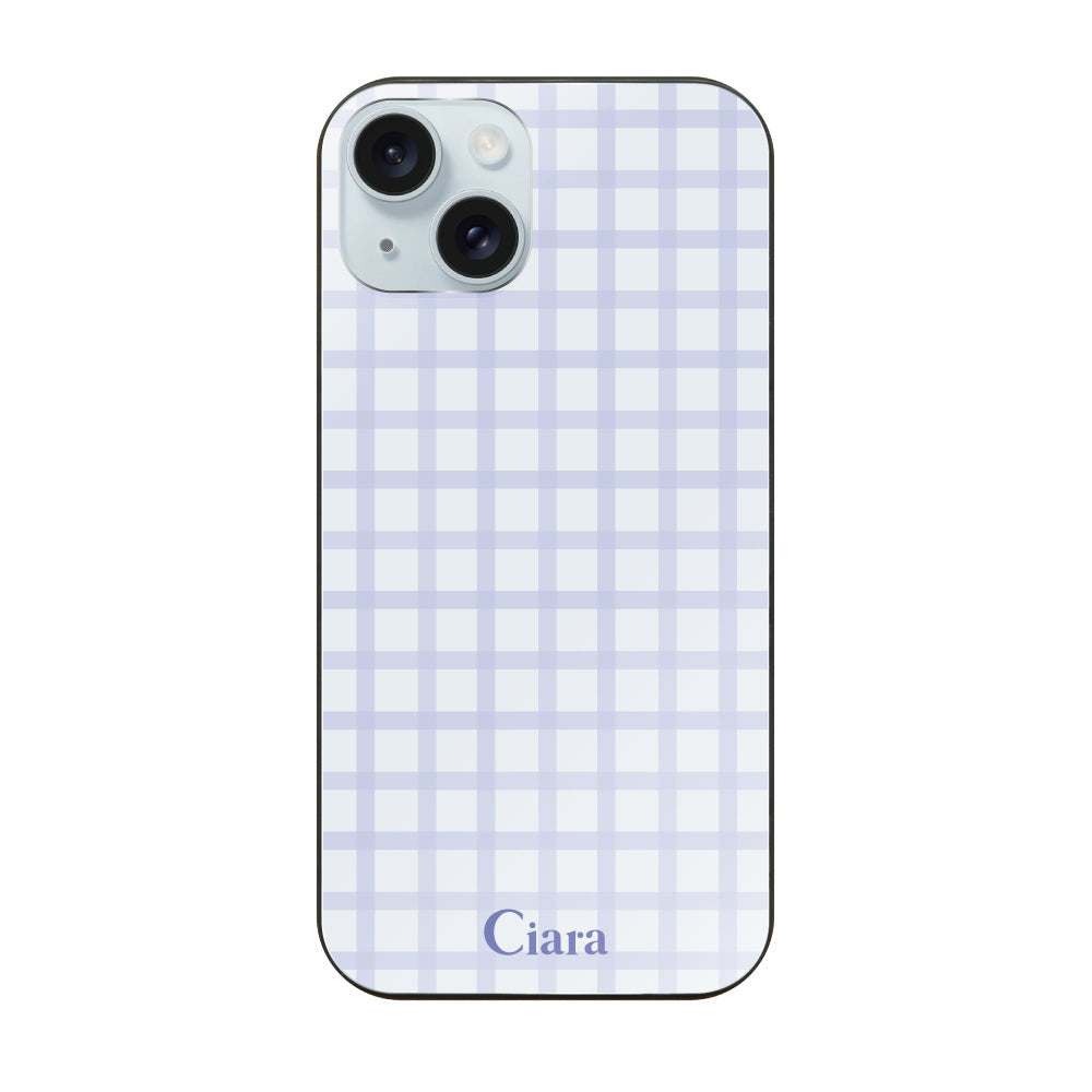 iPhone15Plus ガラス 強化ガラスケース ブロックチェック ブルー