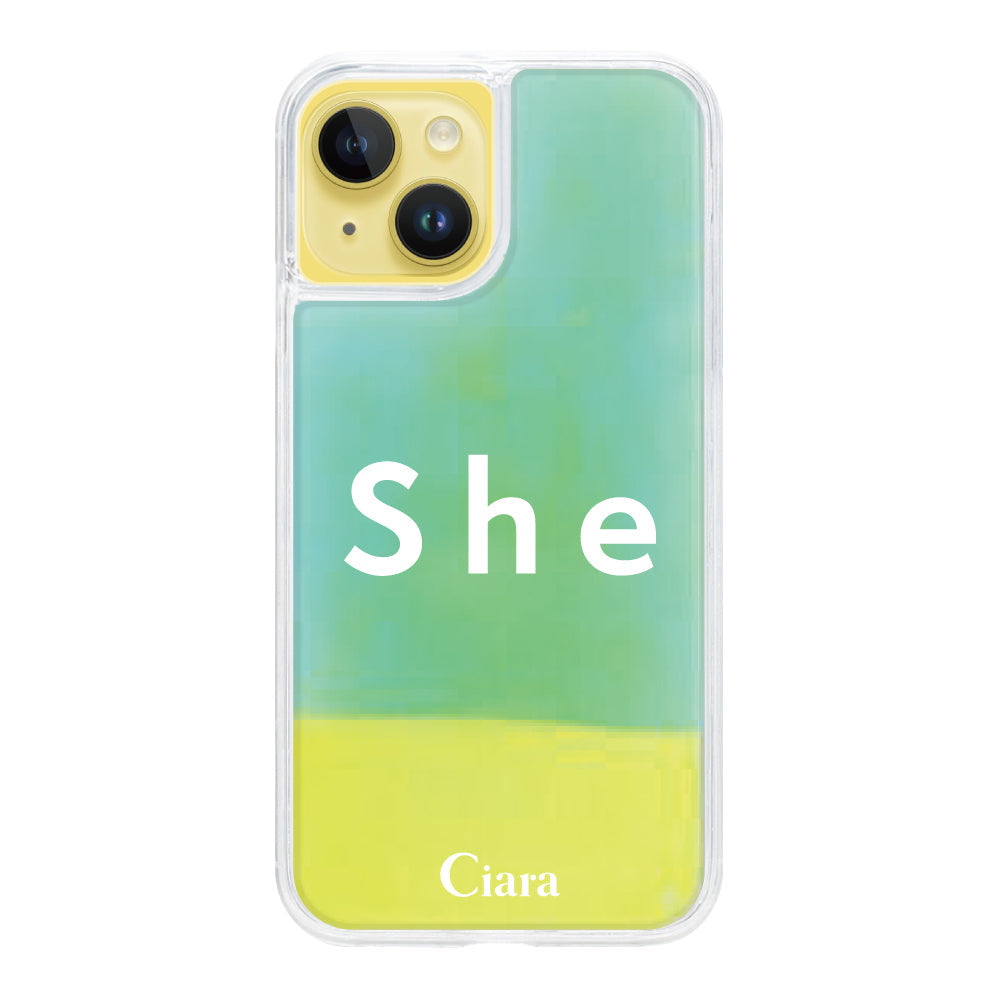 iPhone14Plusケース ネオンサンド オイルケース シー イエロー/グリーン