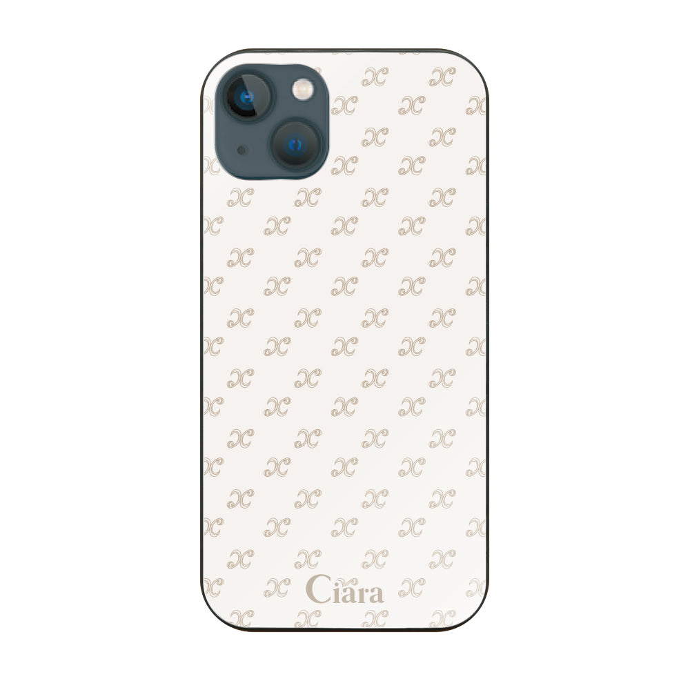 iPhone13mini ガラス 強化ガラスケース シアラモノグラムパターン ベージュ