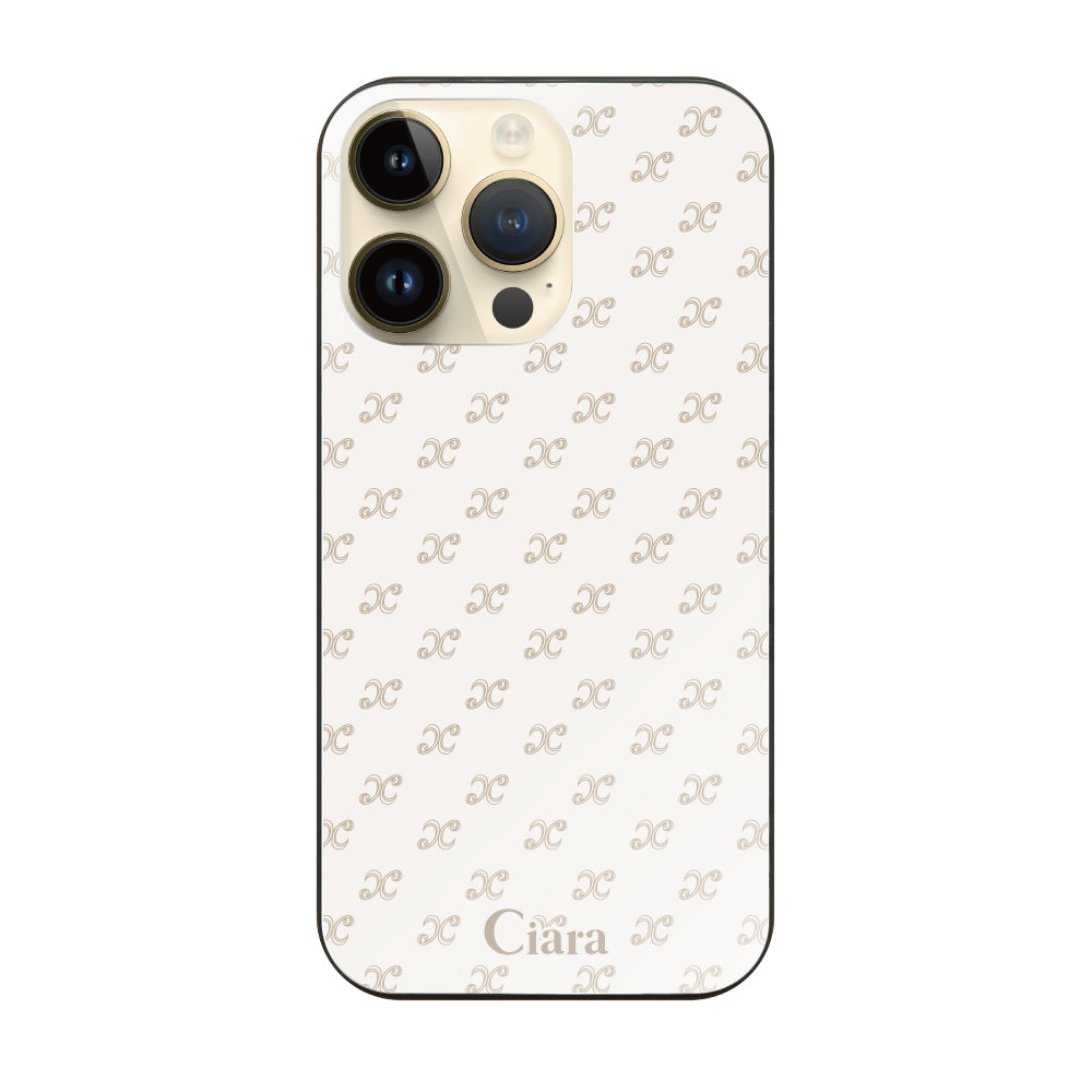 iPhone14Pro ガラス 強化ガラスケース シアラモノグラムパターン ベージュ
