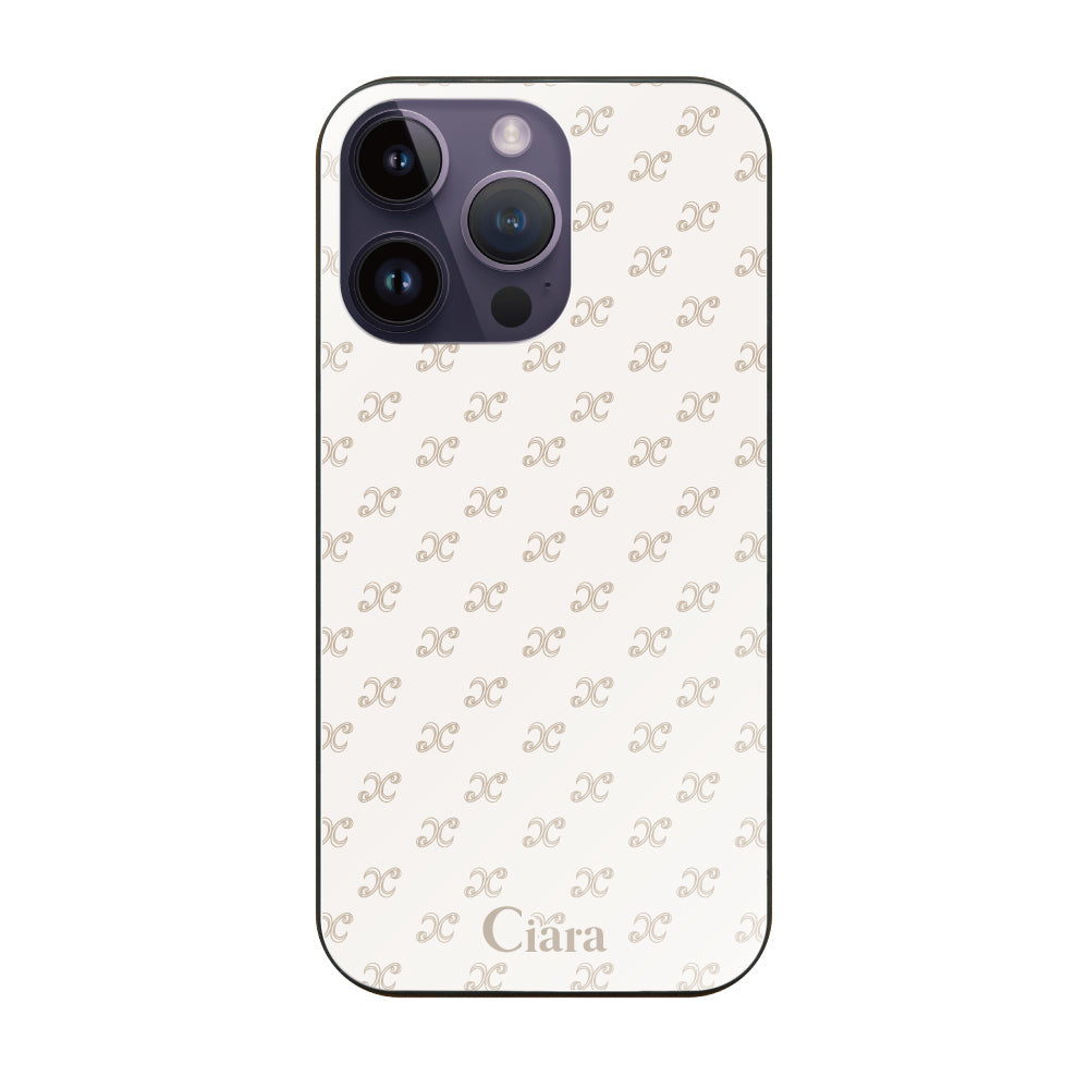 iPhone14ProMax ガラス 強化ガラスケース シアラモノグラムパターン ベージュ