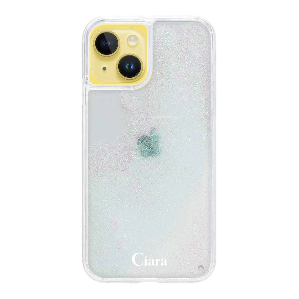 iPhone14Plus グリッター オイルクリアケース ロゴ ホワイト
