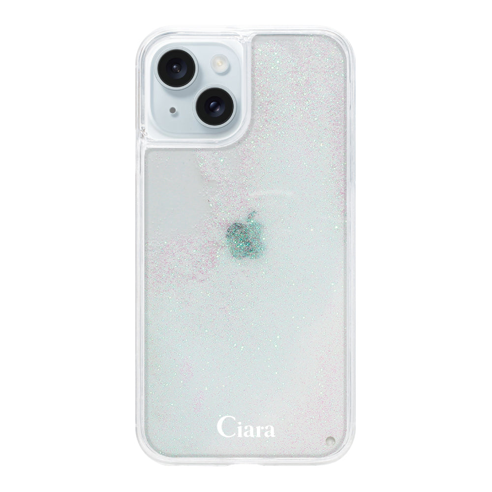 iPhone15Plus グリッター オイルクリアケース ロゴ ホワイト