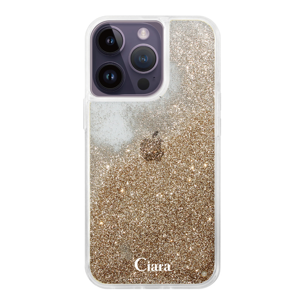iPhone14ProMax グリッター オイルクリアケース ロゴ ゴールド