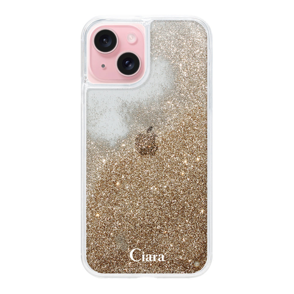 iPhone15 グリッター オイルクリアケース ロゴ ゴールド