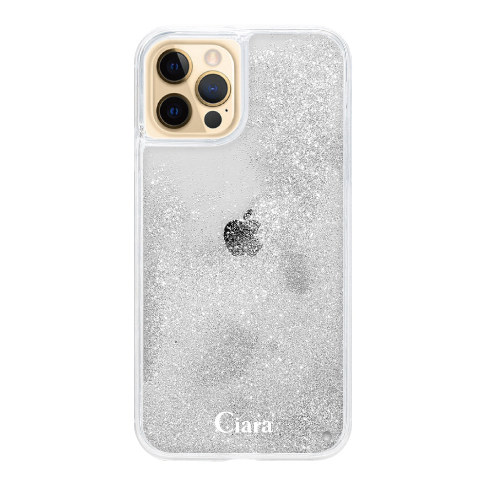 iPhone11Pro グリッター オイルクリアケース ロゴ シルバー