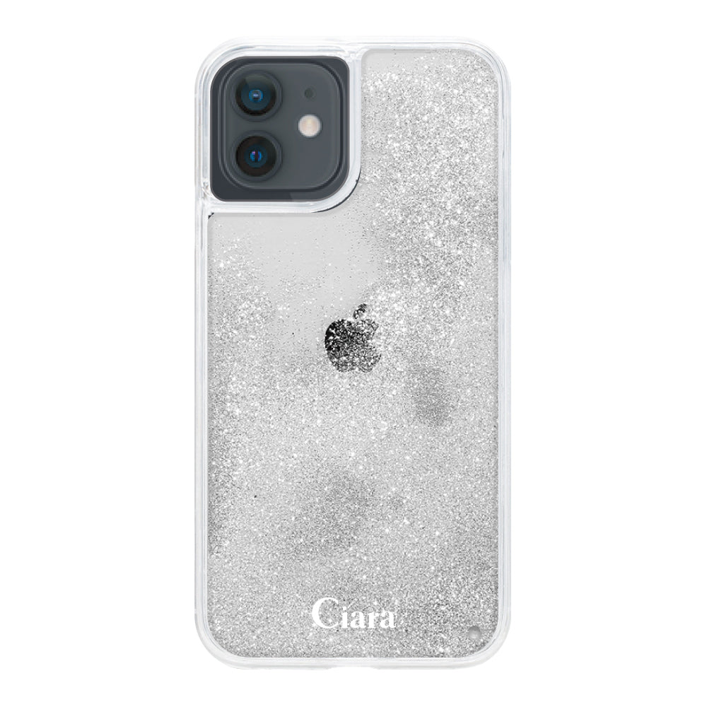 iPhoneXR グリッター オイルクリアケース ロゴ シルバー