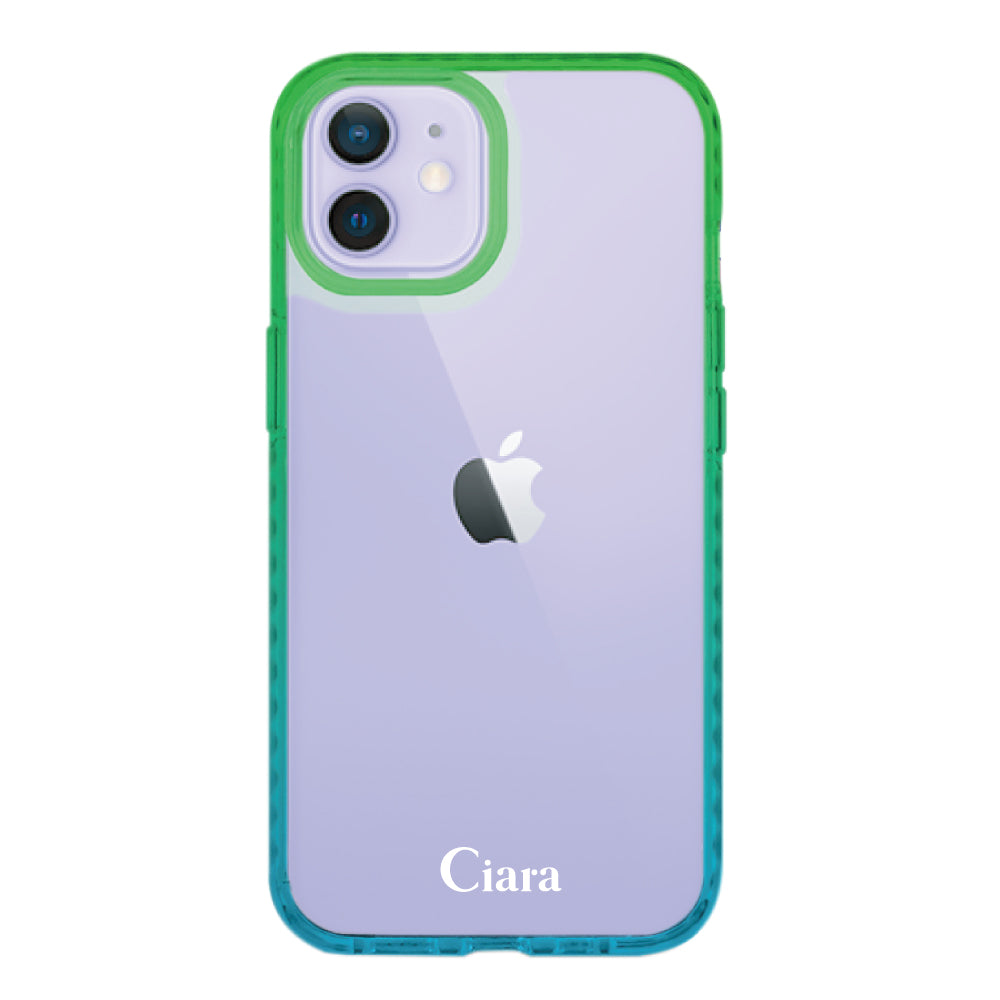 iPhone12/12Proケース クッションバンパー 耐衝撃クリアケース ロゴ ブルー/グリーン