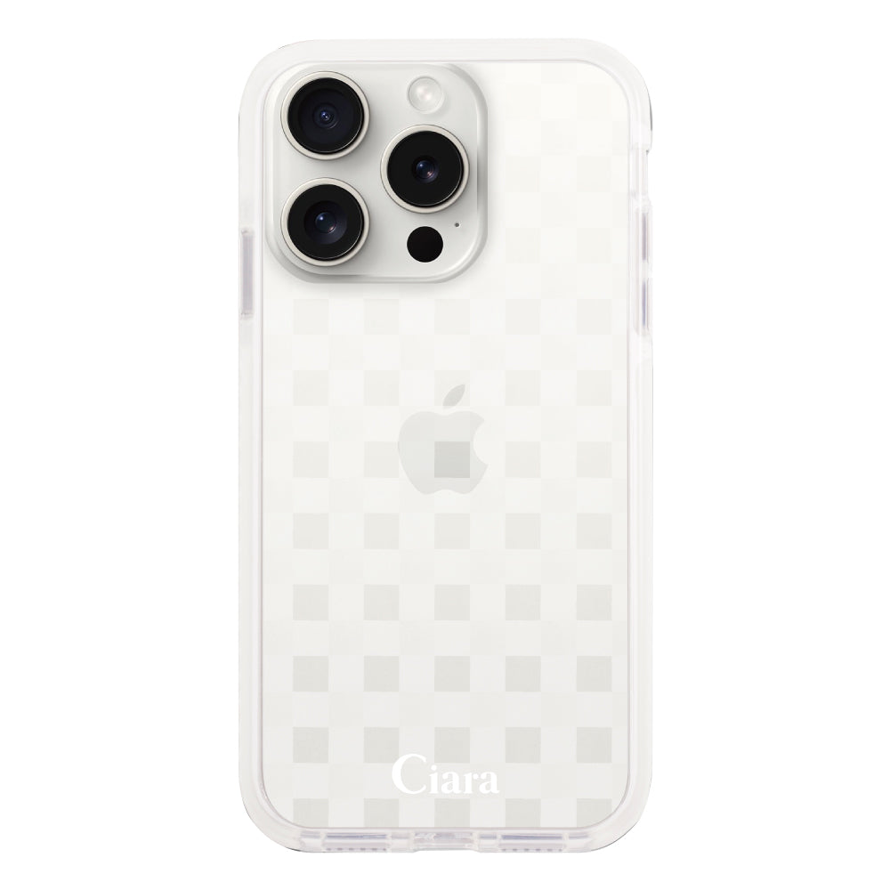 iPhone15ProMax クッションバンパー 耐衝撃クリアケース ギンガム ホワイト