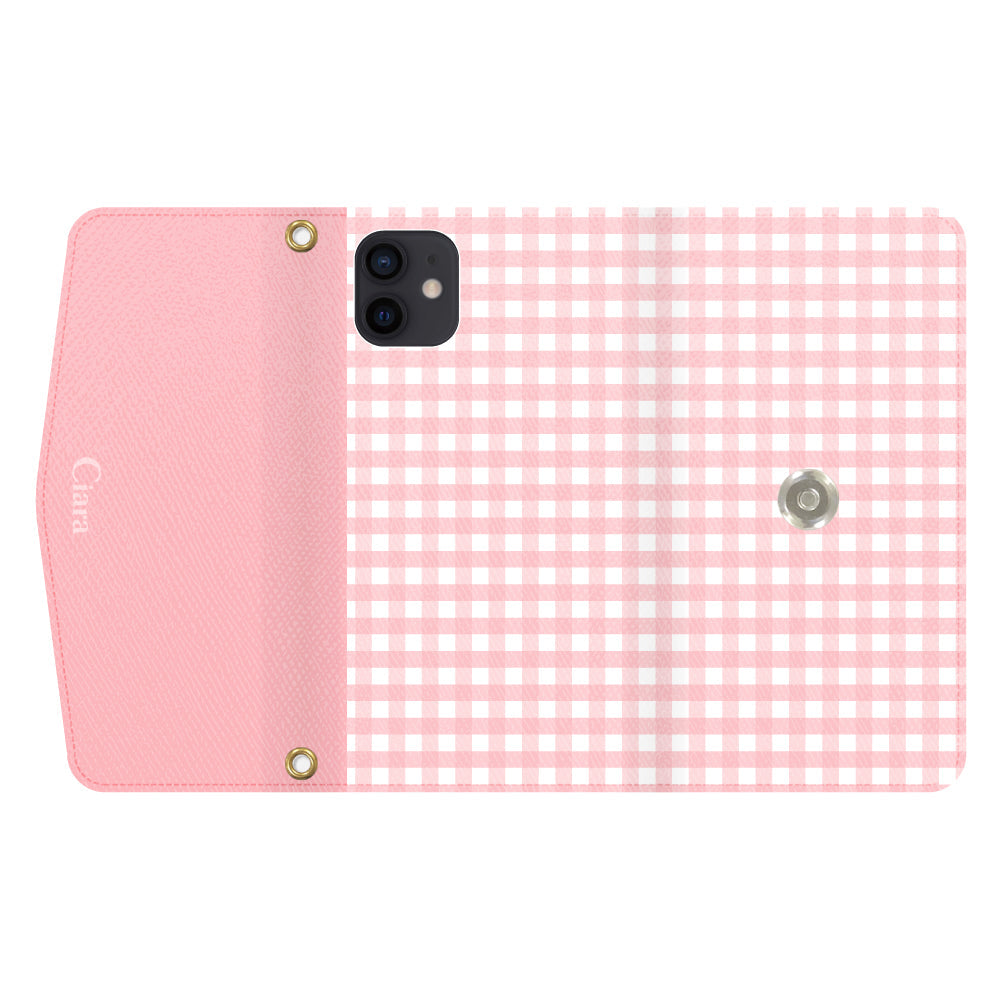 iPhoneXRケース 手帳型カード収納レザーケース ギンガム ピンク